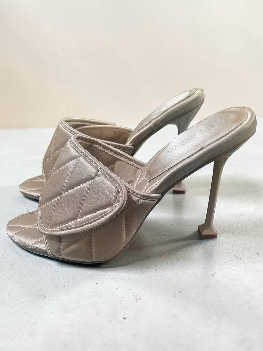 Quilted Satin Open-Toe Mule Heels in Champagne